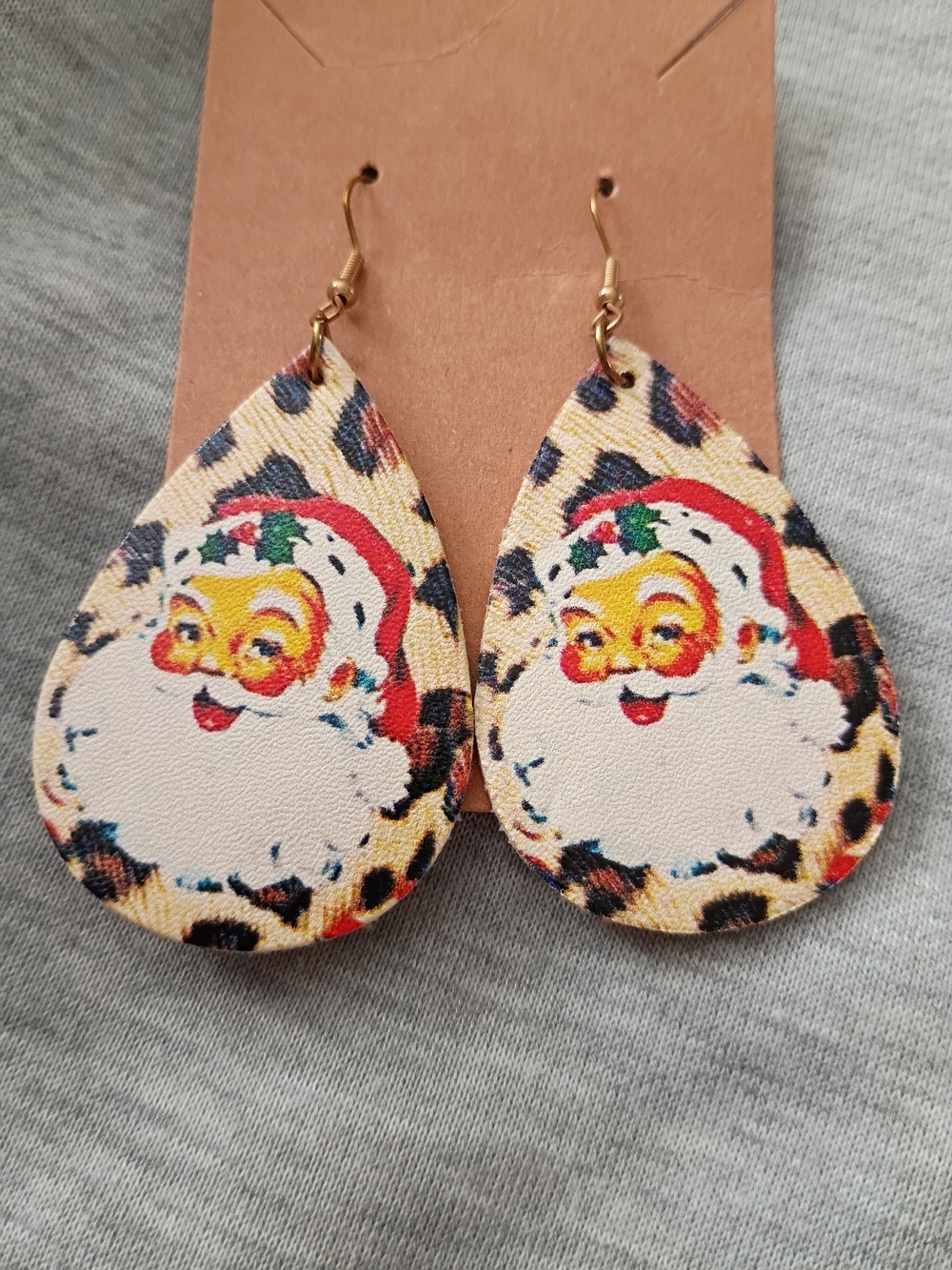 Vintage Santa Leopard Print Faux Leather Teardrop Earrings.